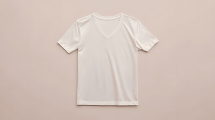 White v-neck t-shirt mockup flat lay front view isolated on neutral background