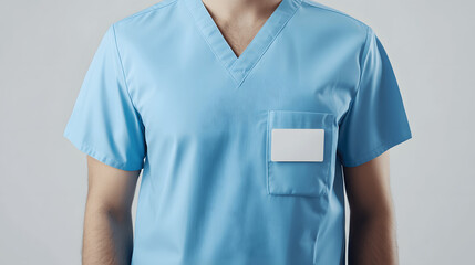 Wall Mural - Light blue hospital orderly uniform mockup with name badge isolated on neutral background