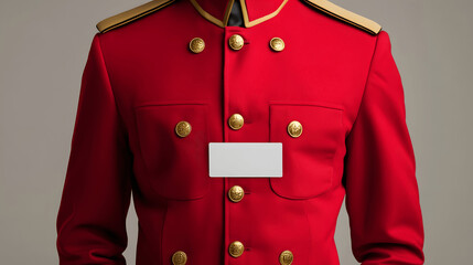 Wall Mural - Red hotel bellhop uniform mockup with gold buttons and name badge