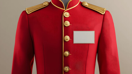 Wall Mural - Red hotel bellhop uniform mockup with gold buttons and name badge