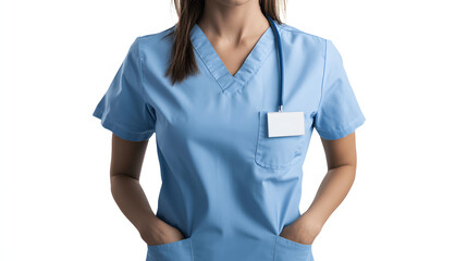 Wall Mural - Light blue nurse scrubs mockup front view with name badge