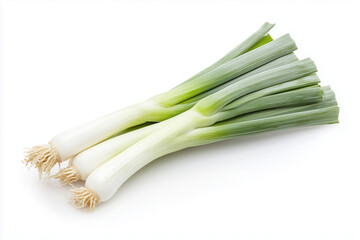 Wall Mural - Fresh leek isolated on white background, Close up shot green spring onion with cutting leaf.