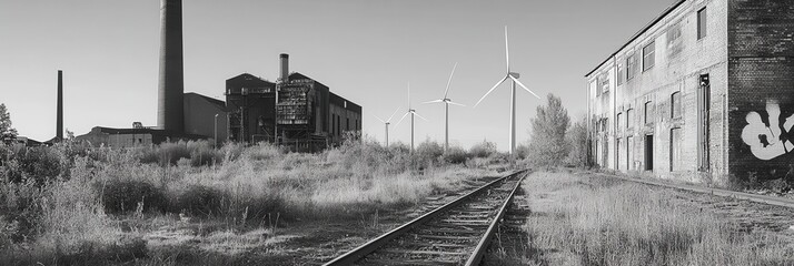 Poster - Wind turbines stand tall alongside remnants of closed coal mines and old factories, showcasing a shift toward green energy solutions. Generative AI