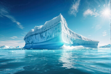 Arctic Beauty: Towering melting iceberg in Arctic icy ocean. Snow covered glacier drift under blue sunny sky. Pure ice floats in turquoise water. generative AI