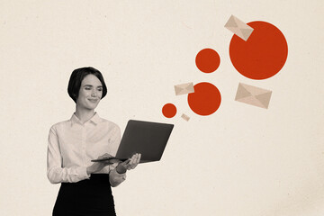 Poster - composite collage image of funny female working netbook email answer letters businesswoman billboard