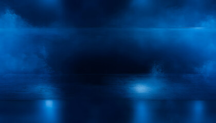 the dark stage shows dark blue background an empty dark scene neon light and spotlights the concrete floor and studio room with smoke float up the interior texture for display products