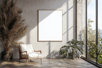 Poster Frame in Beige minimalist living room interior created with generative AI