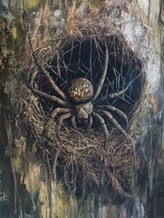 Oil painting depicting a spider in its nest showcasing intricate details of the web and the spider s natural habitat