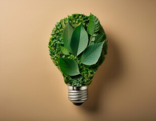  A green light bulb made of foliage on a beige background, emphasizing eco-friendly ener_1(111)