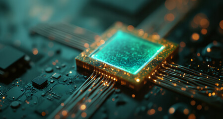 Poster - A computer chip resting on a circuit board, illuminated by soft lighting. The image focuses on the chip's intricate design, with a blurred background to highlight its technological significance.