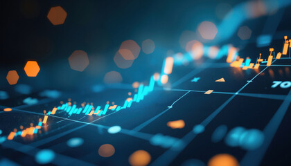 Poster - Stock Market Graph with Glowing Points: Digital financial graph showing glowing data points and trend lines in blue and orange, representing stock market analysis and performance.