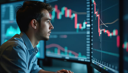 Poster - Trader Monitoring Stock Market Data on Multiple Screens: A trader monitoring stock market data on multiple screens, representing real-time financial analysis.
