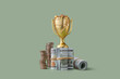 © Yaroslav Danylchenko/Stocksy - Shiny goblet placed at money rolls and coins tower