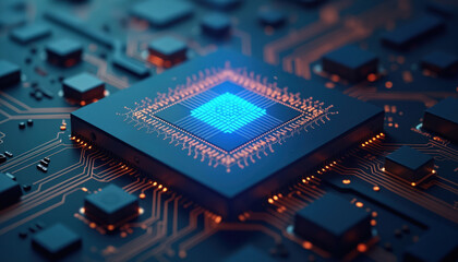 Poster - Glowing Microchip with Circuitry: A glowing microchip with circuitry, symbolizing cutting-edge computing and AI technology.