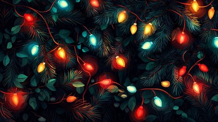 A lovely scene with brightly lit tree branches adorned with various colorful lights and decorations, captured at night, providing a warm festive glow.