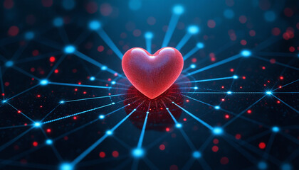 Poster - Heart Icon with Network Connectivity: A heart icon integrated into a digital network, symbolizing healthcare technology, telemedicine, and connected health services.