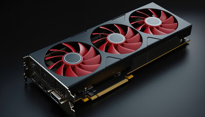Poster - Triple-Fan Graphics Card on Black Background: A high-performance graphics card with triple fans, placed on a black background, symbolizing advanced gaming and computing technology.