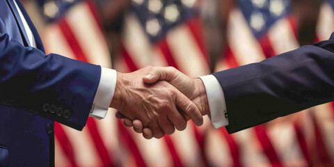 Wall Mural - A close-up of a handshake in front of American flags, symbolizing agreement, diplomacy, and mutual respect in a patriotic context.