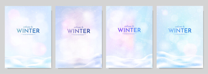 Wall Mural - Vector illustration. Snowy background. Snowdrifts. Snowfall. Clear blue sky. Blizzard. Cartoon wallpaper. Cold weather. Winter season. Design for poster, cover, magazine, layout, flyer