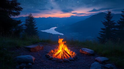 Canvas Print - A bonfire burns brightly against a backdrop of a star-filled night sky and a mountain lake in the distance.