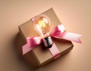 Poster -  A light bulb placed on a gift box with a pink ribbon on a beige background, symbolizing cre_1(151)