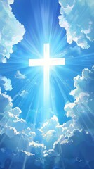 Canvas Print - Easter background with a shining cross on blue sky with clouds and lightbeam.