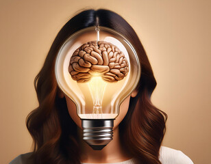 Poster -  A light bulb with a brain inside on a beige background, representing creative ideas and inn_1(161)