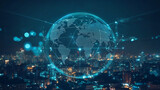 W scenerii nocnego miasta, z intensywnie świecącymi budynkami, globalne połączenia medialne i sieciowe stają się widoczne jako jasne linie i węzły. To wizualizacja nowoczesnej technologii.