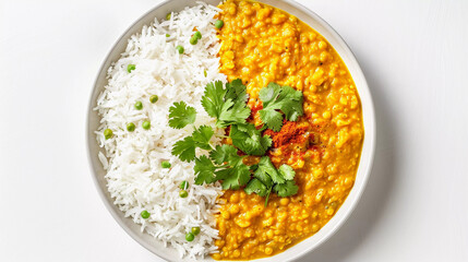 Wall Mural - Yellow tadka dal with rice plate isolated on white background 