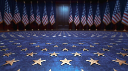 Wall Mural - American flags and stars on a blue carpet in a formal setting