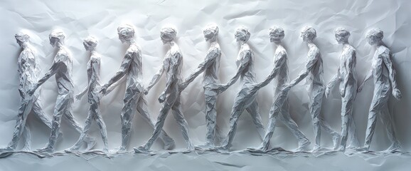 A row of paper figures walking in a procession on a white crumpled background.