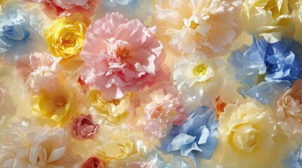 Wall Mural - A close-up of delicate, pastel-colored paper flowers in soft pink, yellow, and blue hues, creating a dreamy, romantic atmosphere