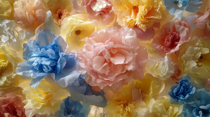 Wall Mural - A close-up of delicate, pastel-colored paper flowers in soft pink, yellow, and blue hues, creating a dreamy, romantic atmosphere