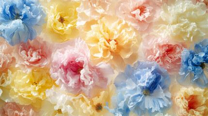 Wall Mural - A close-up of delicate, pastel-colored paper flowers in soft pink, yellow, and blue hues, creating a dreamy, romantic atmosphere