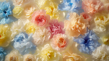 Wall Mural - A close-up of delicate, pastel-colored paper flowers in soft pink, yellow, and blue hues, creating a dreamy, romantic atmosphere