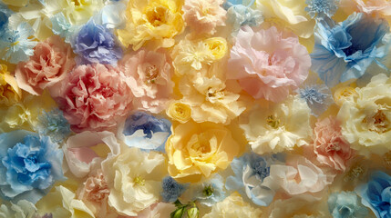 Wall Mural - A close-up of delicate, pastel-colored paper flowers in soft pink, yellow, and blue hues, creating a dreamy, romantic atmosphere