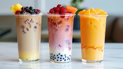 Wall Mural - Three drinks of fruit milk and bubble tea