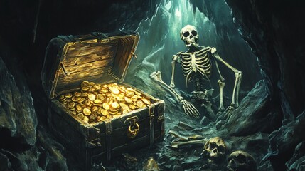 Wall Mural - Skeleton pirates, treasure chest glowing with cursed gold, dark cave, Watercolor style