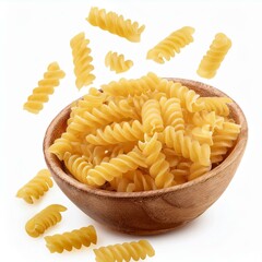 Falling raw Fusilli, Rotini, uncooked Italian Pasta, isolated on white background, full dept 