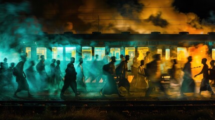 Crowd of people walk through foggy train station at night, with train lit by eerie blue and orange lights. Scene filled with suspense and mystery, capturing surreal atmosphere and movement in the dark