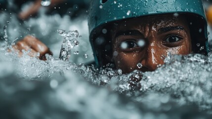 A closeup shot of a person intensely engaged in a water sport, capturing the excitement and movement of the moment, with splashes of water adding a dynamic element.