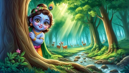 Wall Mural - Playful Krishna in the Enchanted Forest