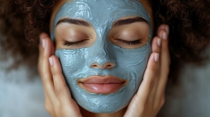 A woman with a clay facial mask enjoys a spa-like skincare routine with her eyes closed, hands gently touching her face, highlighting relaxation and self-care