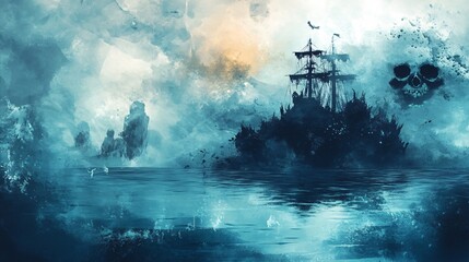 Wall Mural - Haunted island, pirate treasure buried under ancient curse, eerie atmosphere, Watercolor style