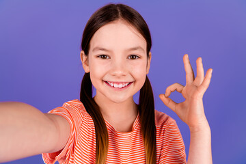 Sticker - Photo portrait of lovely small girl take selfie photo show okey dressed stylish red garment isolated on violet color background