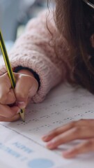 Poster - Child, learning or hands writing math answers or numbers for education, development or school. Mathematics, closeup and kid student in classroom for academic work, studying or numeracy activity paper