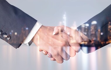 Poster - Double exposure of business people handshake and city background