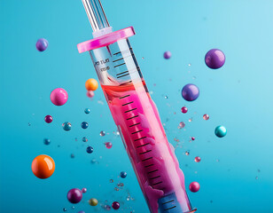 Aufkleber -  A pink syringe filled with colorful liquid on a light blue background, creating a playful a_1(219)