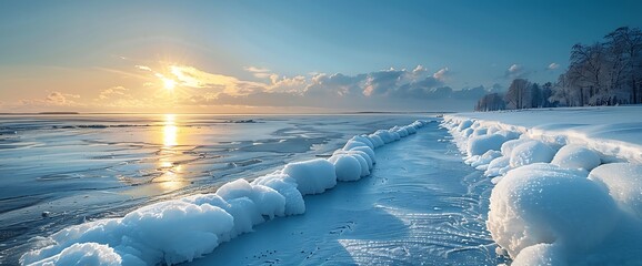 Sticker - Snow-covered shoreline with a frozen sea and sunset.