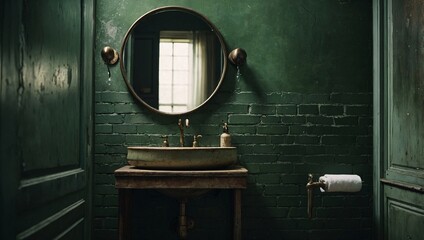 Wall Mural - Small bathroom sink with grime on an aged green wall.